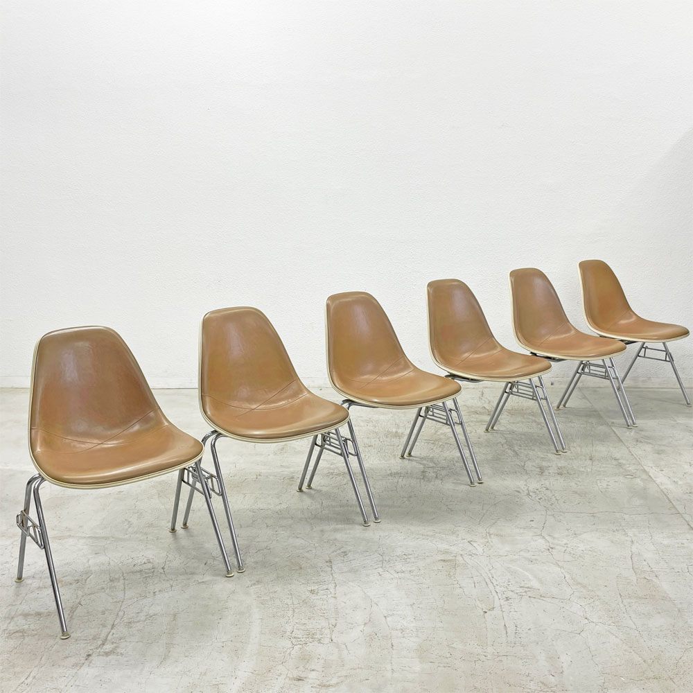 ハーマンミラー Herman Miller ビンテージ サイドシェルチェア 台車付6脚セット サード 3rd FRP PVCレザー スタッキングベース イームズ 〓