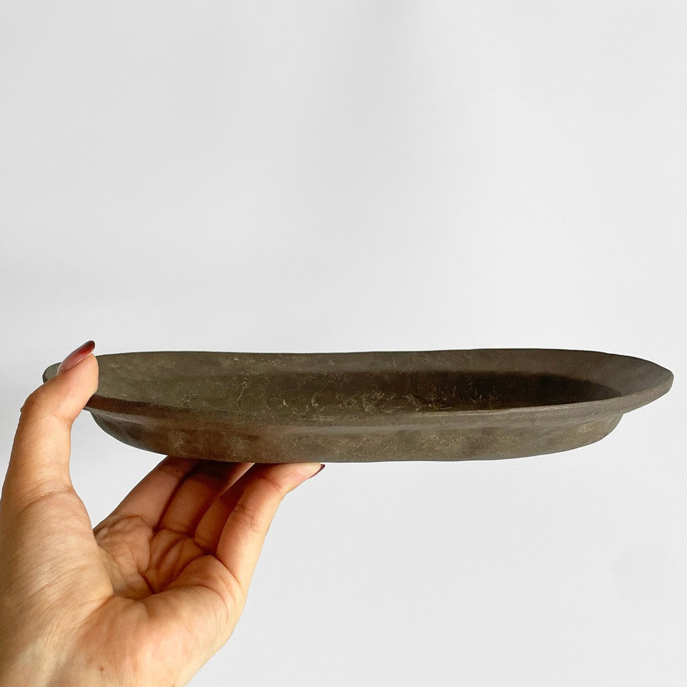 吉田次朗 オーバルプレート 楕円皿 リムプレート ホワイトグレー Lサイズ Φ26.5cm 陶器 現代作家 A ■