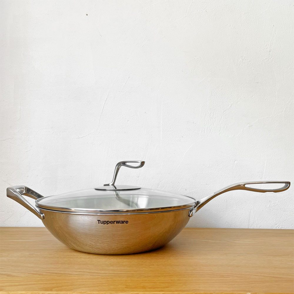 タッパーウェア Tupperware マストロクック ウォック 耐熱180度ガラス蓋付 32cm 中華鍋タイプ IH対応モデル 美品 箱付き ★