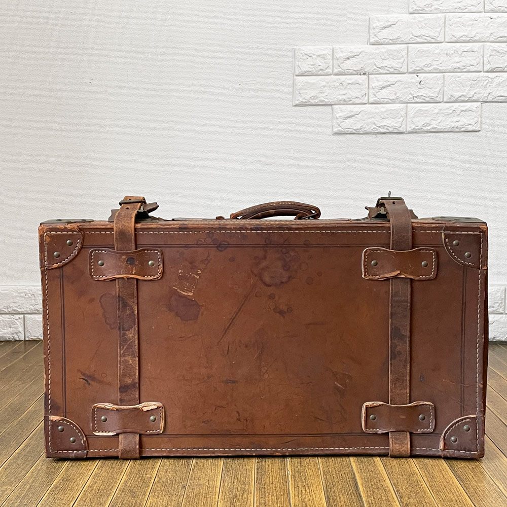 ビンテージ Vintage レザートランク スーツケース ストラップ留め ブラウン 店舗什器 鍵欠品 現状品 ◎