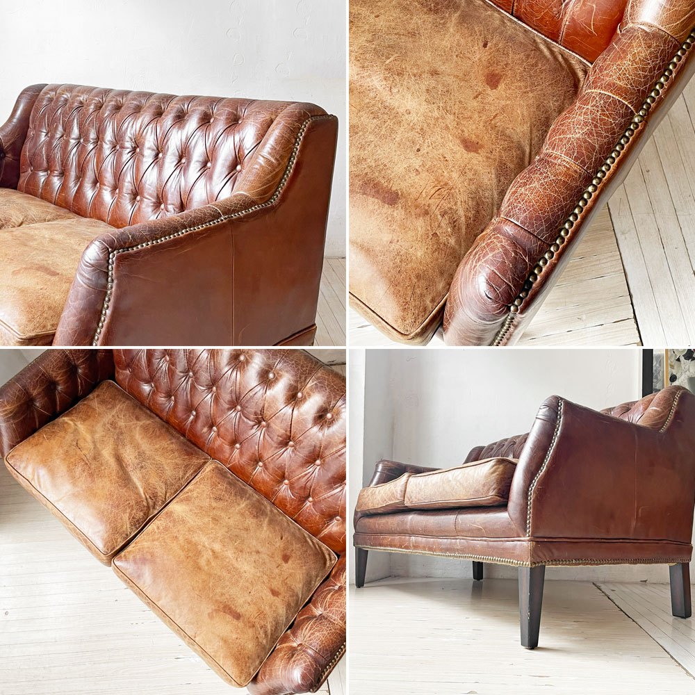 UKビンテージ チェスターフィールド 2シーターソファ ラブソファ 本革 鋲打ち スタッズ 英国家具 ★
