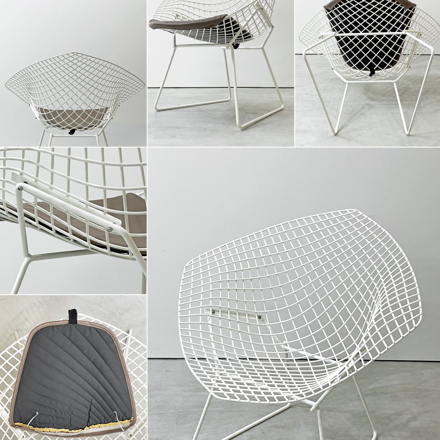 ノル Knoll ダイヤモンドチェア Diamond Chair ラウンジチェア ビンテージ ハリー・ベルトイア Harry Bertoia ホワイトフレーム シートパッド付 ミッドセンチュリー ●