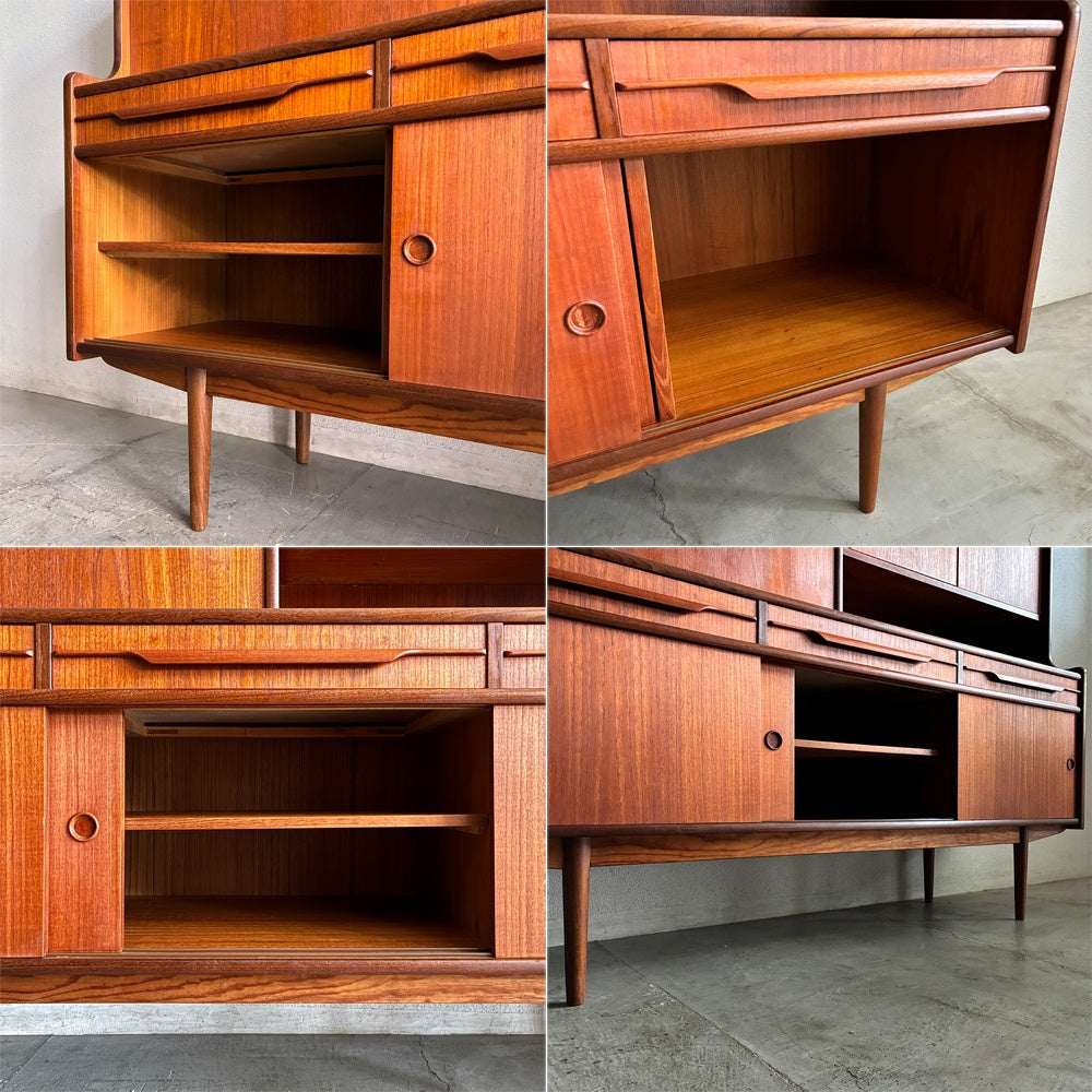 デンマーク 1960's ビンテージ チーク材 ハイボード 北欧家具 ミッドセンチュリー 収納家具 ライティングビューロー 本棚 セクレタリーブックケース 飾り棚 ハイサイドボード 食器棚 ホームバー リビングボード 〓