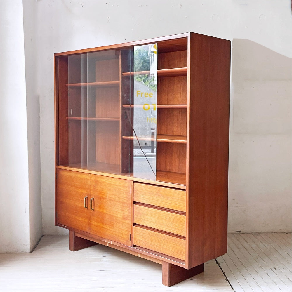 ジャパンビンテージ チーク材 ガラスキャビネット リビングボード 棚板5枚 3ドロワー 北欧スタイル ブロカント 水屋 ジャパニーズモダン ★