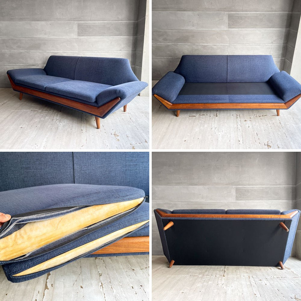パームスプリングス Palm Springs オリジナルソファ 3Pソファ 3人掛け ネイビー系ファブリック ウォールナット ビンテージデザイン ミッドセンチュリースタイル ♪