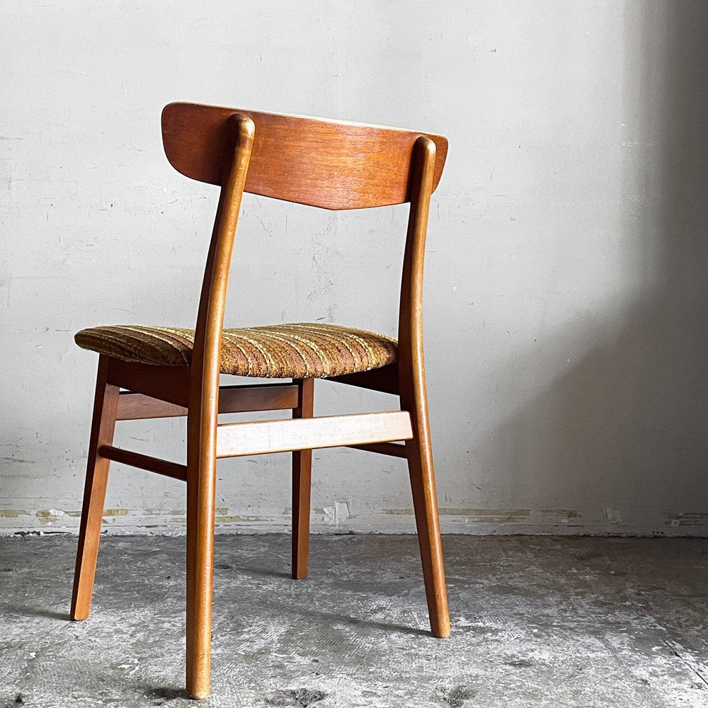 北欧ビンテージ Scandinavian vintage ダイニングチェア チーク材 x ビーチ材 ブラウン系 ストライプ柄 ファブリック 北欧家具 ■