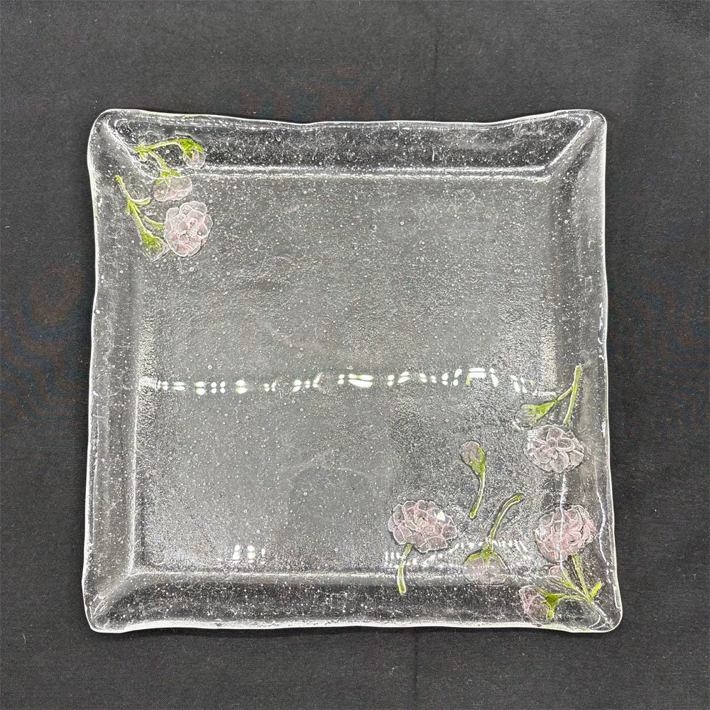 岡田多恵 ガラス 角皿 スクエアプレート パートドヴェール 花 24cm 現代作家 ●