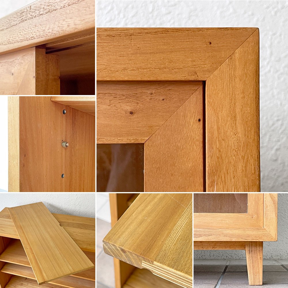 巣巣 susu ガラスキャビネット 食器棚 本棚 チーク無垢材 引き戸扉 北欧テイスト ナチュラルデザイン ◇