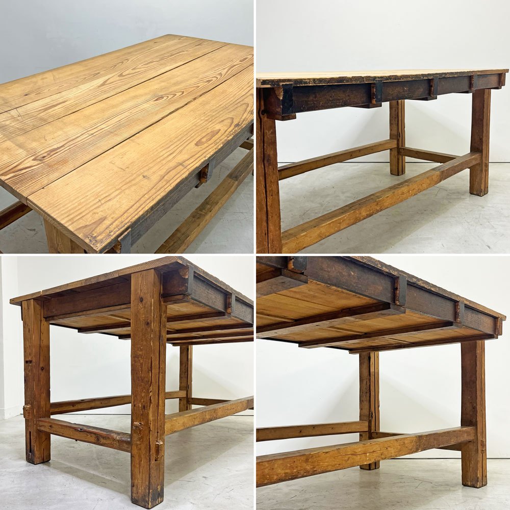 ヨーロッパビンテージ Europe vintage 木製 無垢材 ワークテーブル 作業台 W159cm 抽斗8杯 木味 ディスプレイ台 店舗什器 ●