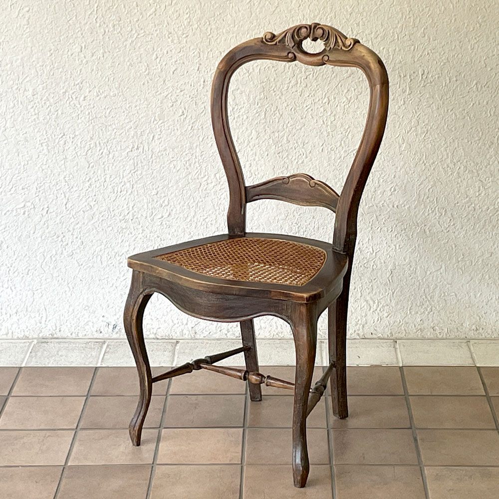 オールドメゾン Old Maison ヨーロピアン調 バルーンバックチェア ラタンシート＋クッション ダイニングチェア クラシカルデザイン B ◇