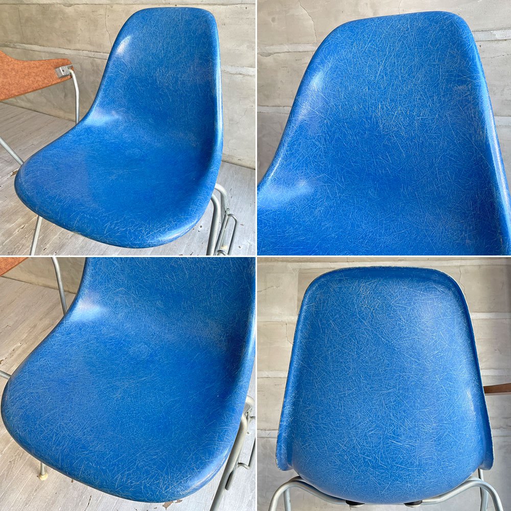 ハーマンミラー Herman Miller サイドシェルチェア セカンド 2ndビンテージ ウルトラマリンブルー FRP スタッキング ナローマウント 肘掛けテーブル付 スクールベース イームズ ミッドセンチュリー ♪