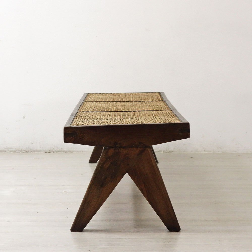 ピエールジャンヌレ Pierre Jeanneret ケーンベンチ Caned Bench チーク無垢材 チャンディーガル レター有り M.L.A.(H)-50(Ⅳ) 1960‘s ビンテージ ●