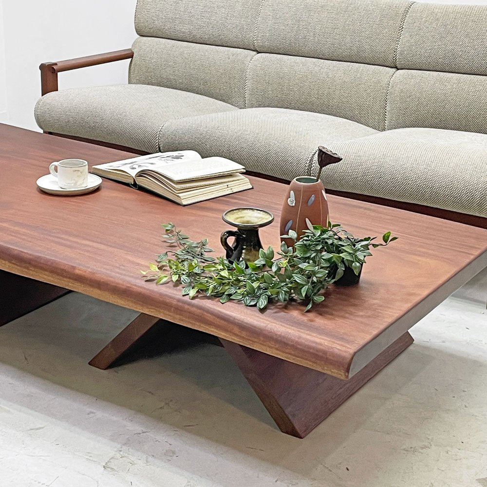 BC工房 無垢材 ダイニングテーブル LDテーブル センターテーブル兼用 三角脚 マホガニー天板 チーク脚 W185cm クラフト家具 ●