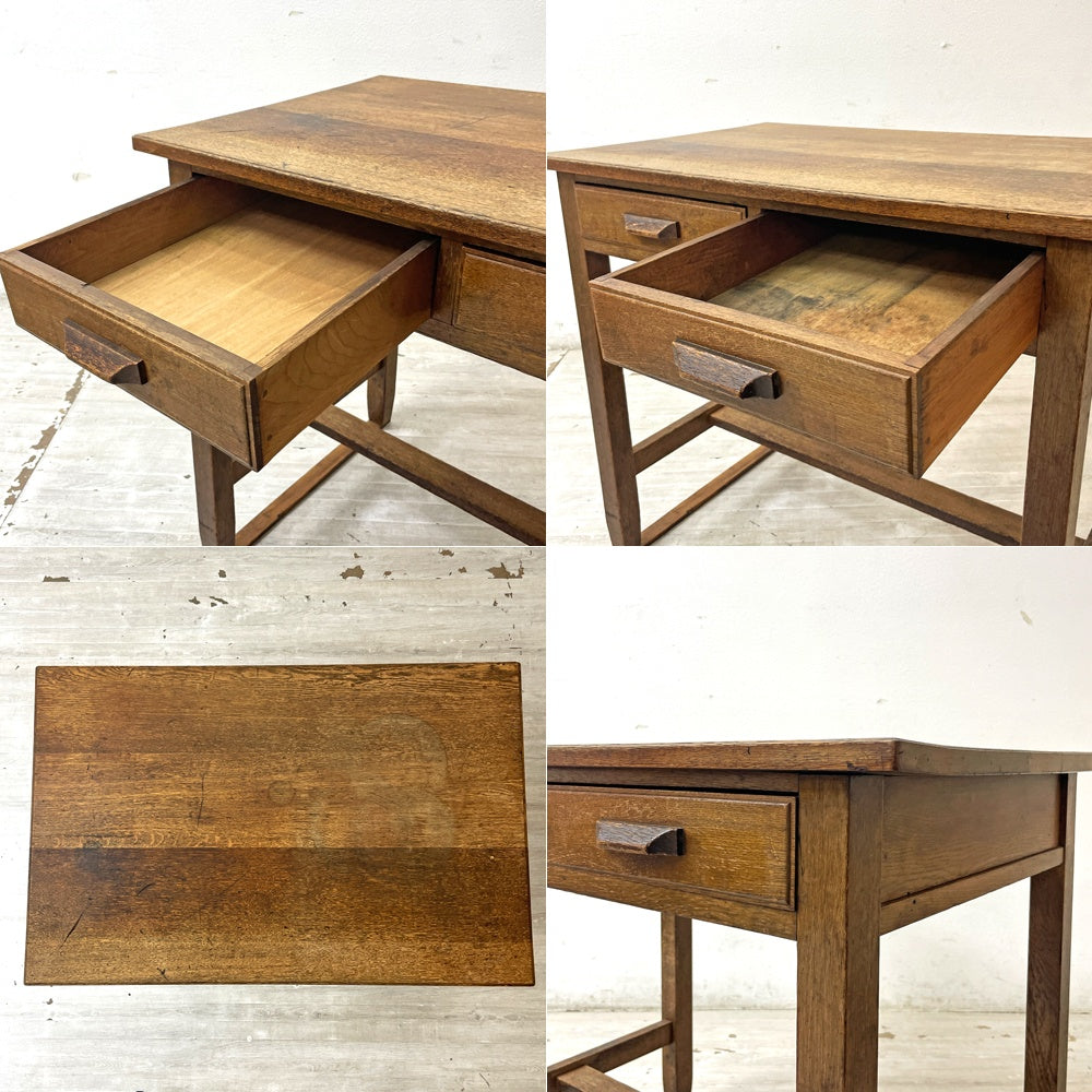 ジャパンビンテージ 木製デスク 抽斗2杯 レトロ家具 vintage ●