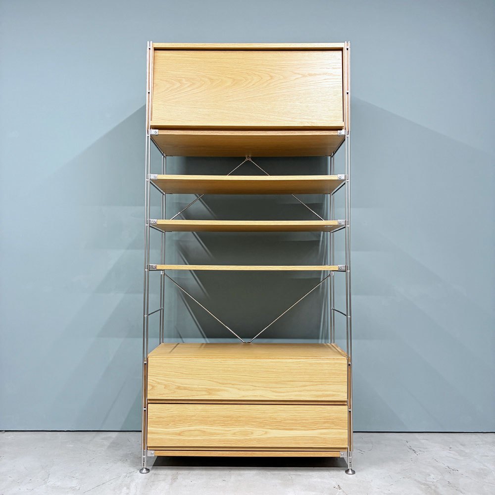 無印良品 MUJI ステンレスユニットシェルフ 1列7段 W86cm フラップ扉＆引き出しユニット付 オーク材 ◎
