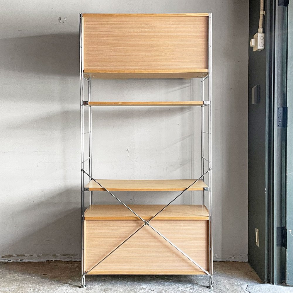 無印良品 MUJI ステンレスユニットシェルフ オーク材 食器棚 本棚 飾り棚 収納棚 H175.5cm ガラス引き戸 引出し付 ナチュラルデザイン ■