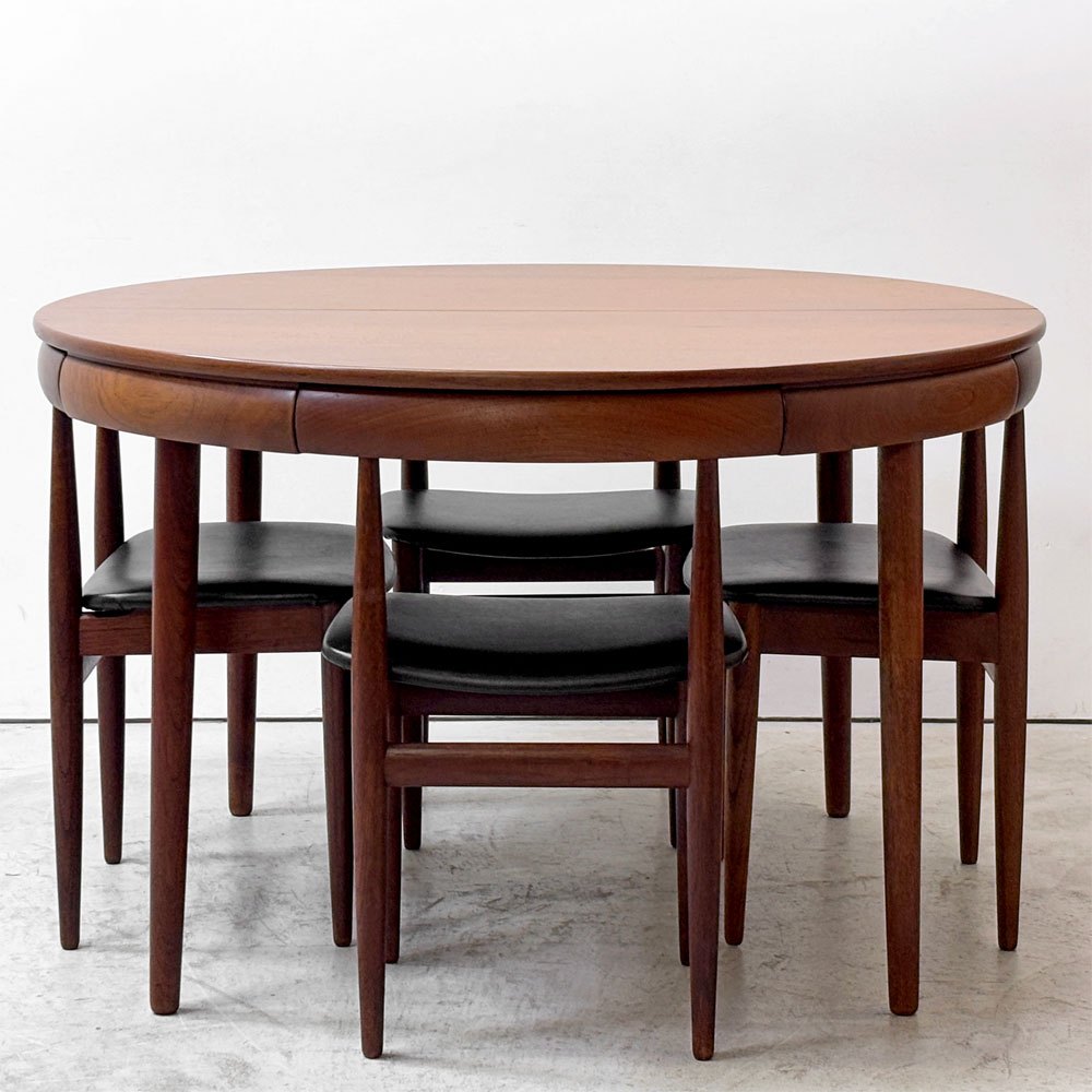 フレムロジェ Frem Rojle ディネッテ Dinette エクステンション ラウンド ダイニングテーブル & ダイニングチェア 4本脚×4脚 計5点セット ハンス・オルセン Hans Olsen 北欧家具 ビンテージ ●