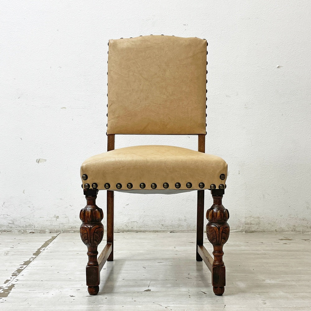 UKビンテージ Vintage ダイニングチェア オーク材 PVCレザーシート 鋲打ち バルボスレッグ 英国家具 英国アンティーク A ●
