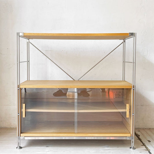 無印良品 MUJI ステンレスユニットシェルフ オープンシェルフ ガラス引戸棚 オーク材 ★
