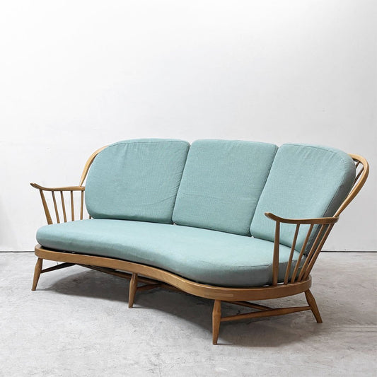 アーコール Ercol No.499 3Pソファ 3シーター キドニーシェイプ シート スカイブルー ファブリック ビーチ材 UKビンテージ 英国家具 ●