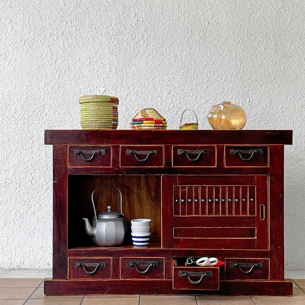 ジャパンビンテージ Japan Vintage 水屋箪笥 時代箪笥 抽斗8杯 引き戸 W90cm 小型箪笥 和箪笥 チェスト 和家具 古家具 ◇