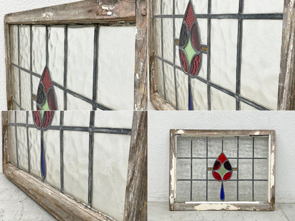 ヨーロピアンビンテージ ステンドグラス stained glass 木枠 窓枠 ディスプレイ パネル 店舗什器 シャビーシック ラスティック 〓