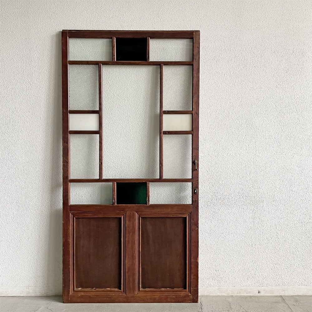 ジャパンビンテージ Japan Vintage ガラス戸 90.5×180cm 色ガラス 型ガラス 大正～昭和初期 建具 古家具 ガラスリペア品 〓