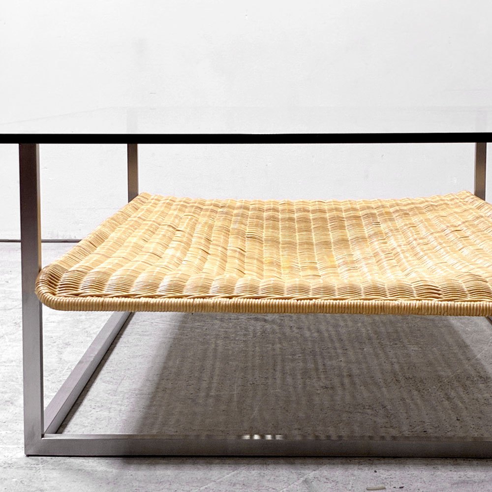 イーアンドワイ E&Y ハンモック Hammock コーヒーテーブル ガラストップ ラタン ステンレス 幅140cm 二俣公一 ●