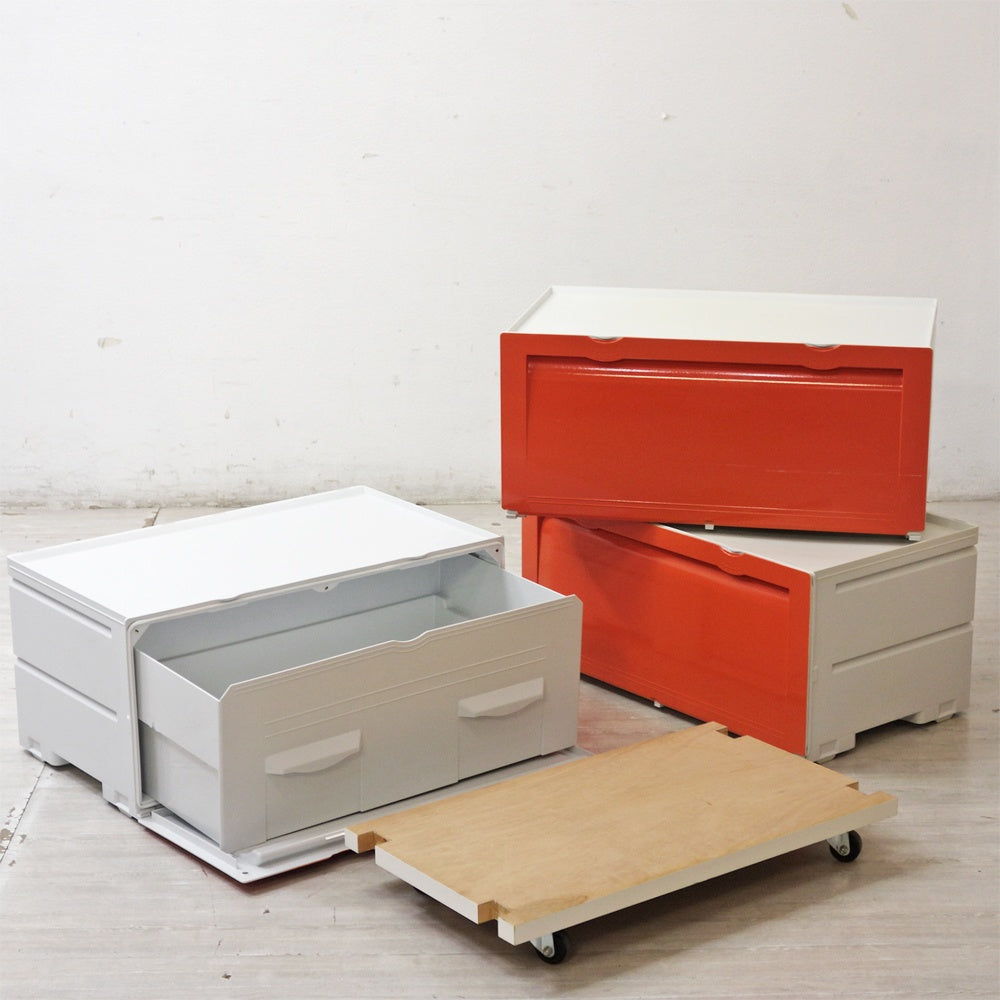 タッパーウェア Tupperware スーパーチェスト ワイド Super chest Wide 引出1段 オレンジ 3段セット 専用カート付 ●