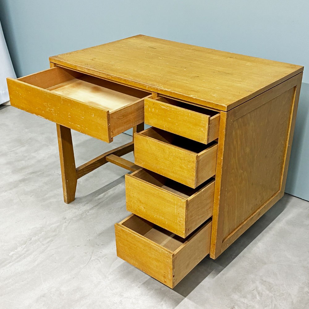 ジャパンビンテージ Japan Vintage デスク 片袖机 抽斗5杯 木製 国産家具 昭和レトロ ミッドセンチュリーデザイン ◎