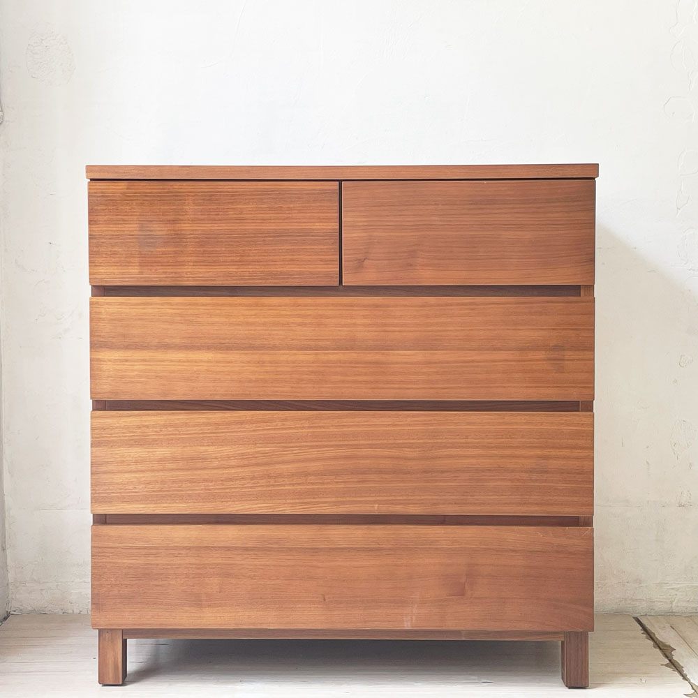 無印良品 MUJI 木製チェスト4段 5ドロワー ウォールナット材突板 4段 5ドロワー W80cm 脚付 シンプルデザイン 廃番 ★