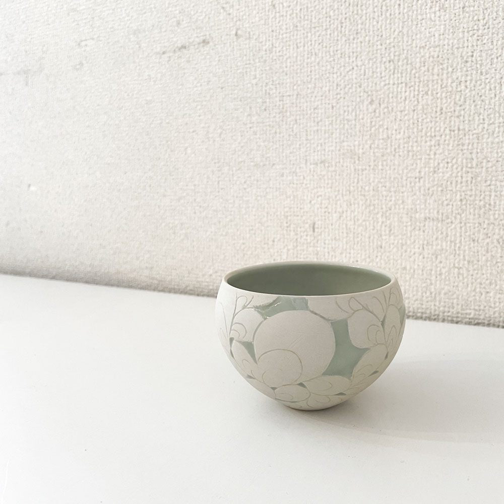 伊藤剛俊 Taketoshi Ito 掻き落とし 湯呑 フリーカップ グリーン Φ9cm 初期作品 益子焼 現代作家 ◎