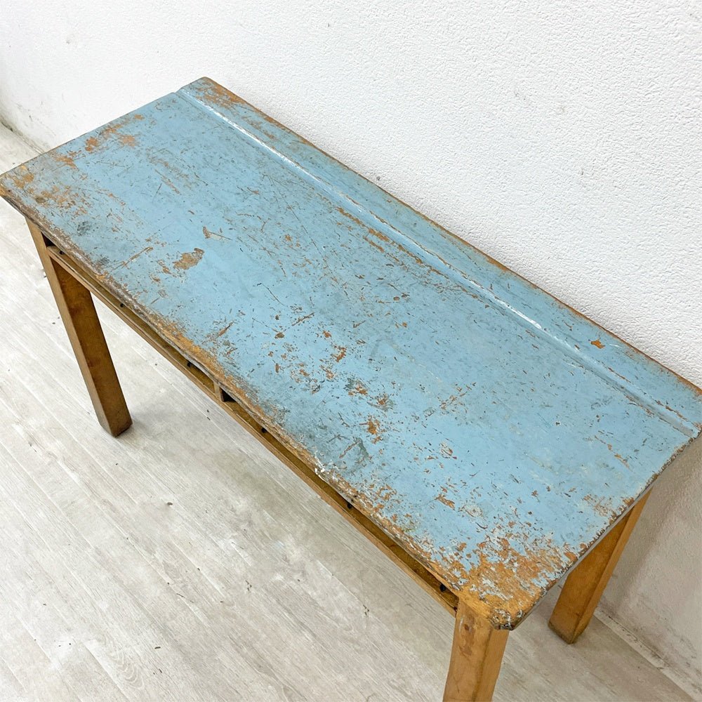 フランスビンテージ French Vintage スクールデスク キッズデスク 学校机 コンソールテーブル 2人掛け ブルーペイント W92cm ●