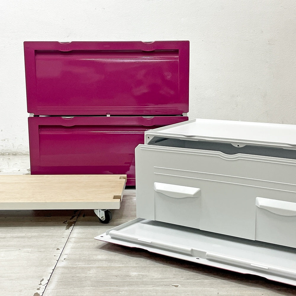 タッパーウェア Tupperware スーパーチェスト ワイド Super chest Wide 引出1段 マゼンタ 3段セット 専用カート付 ●
