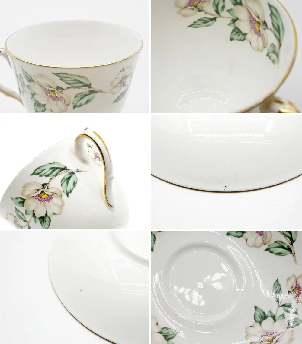 クラウンスタッフォードシャー Crown Staffordshire カップ＆ソーサー C/S 花柄 ホワイト UKビンテージ Vintage 英国 B ●