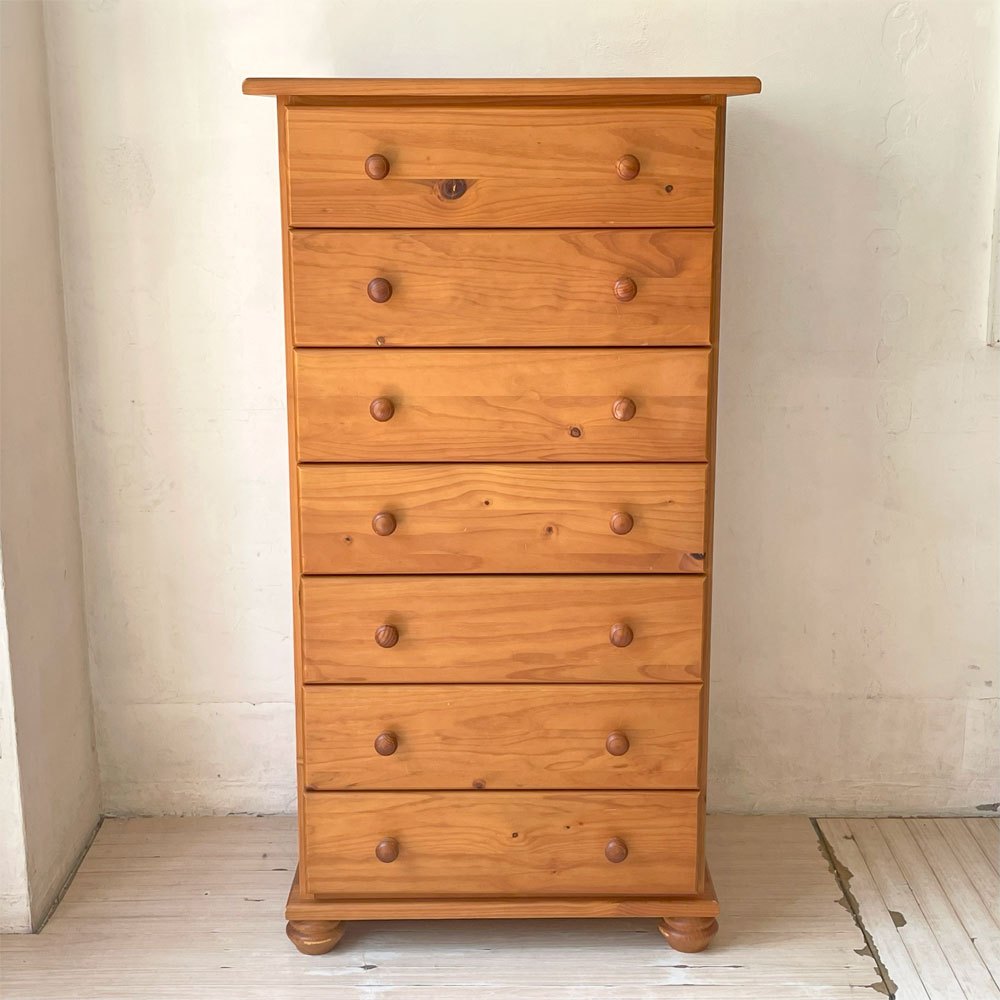 カントリースタイル パイン材 7段 ハイチェスト 7dr Pine Chest アンティーク調 収納家具 ロクロ脚  ★