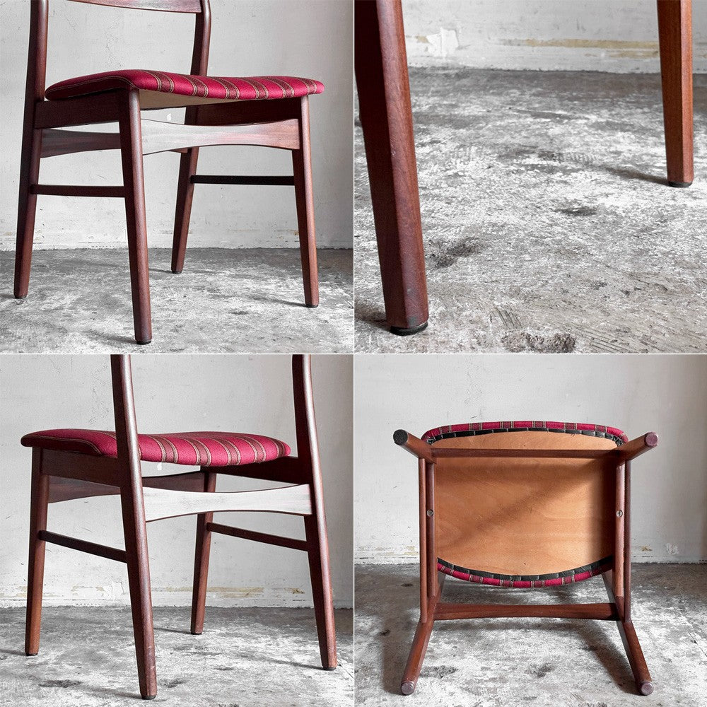 北欧ビンテージ Scandinabian Vintage チーク材 ダイニングチェア ラダーバック レッド系 ストライプ柄 北欧家具 A ■