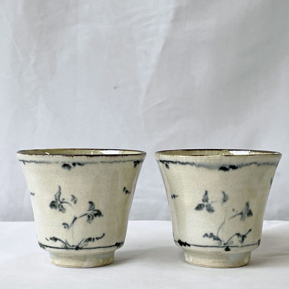 藤田佳三 染付小湯呑 カップ 2客セット 陶器 植物 花 現代作家 ◇