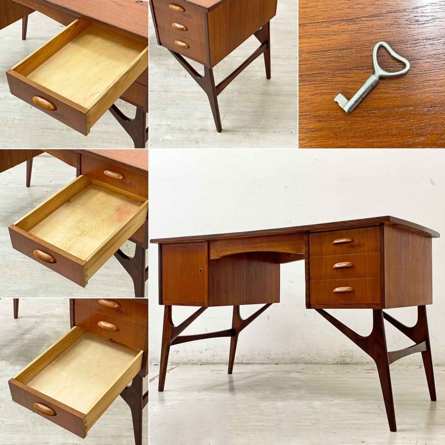 デンマーク ビンテージ Danish Vintage チーク材 両袖 デスク 1ドア 3ドロワー 60's ミッドセンチュリーモダン 北欧家具 ●