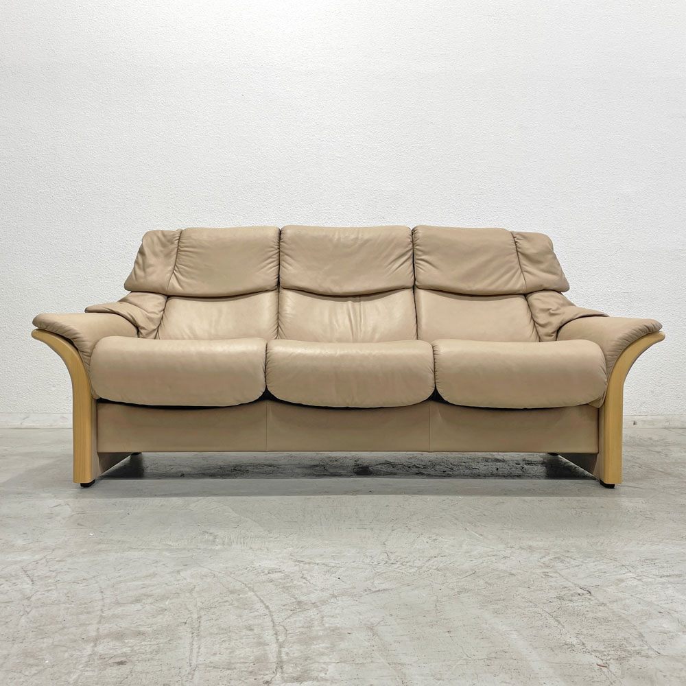 エコーネス EKORNES ストレスレス Stressless エルドラド Eldorado 3シーター サンド リクライニングソファ オーク材 総革 北欧 ノルウェー 定価約102万 〓