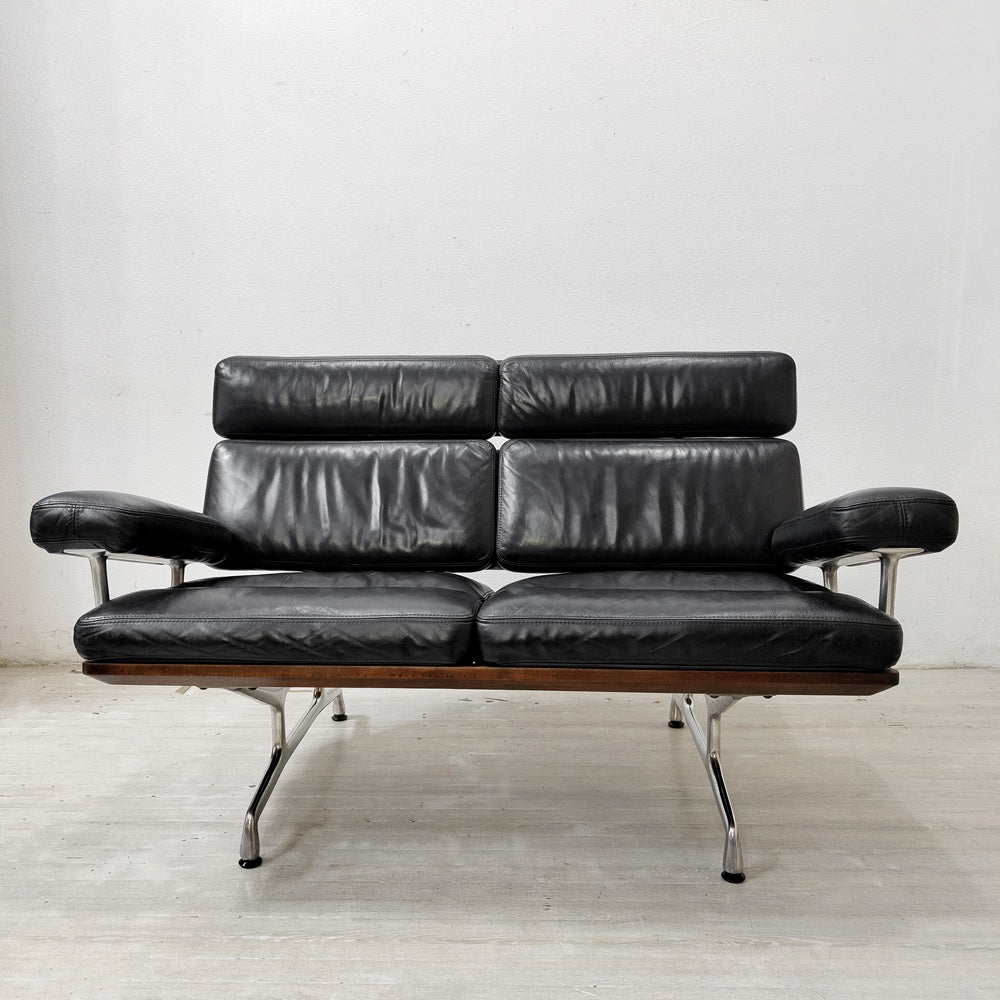 ハーマンミラー Herman Miller イームズソファ Eames Sofa 2シーター ウォールナット材 レザー ブラック C&R. イームズ ミッドセンチュリー ●