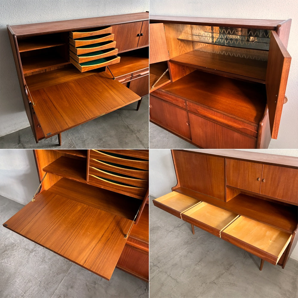 デンマーク 1960's ビンテージ チーク材 ハイボード 北欧家具 ミッドセンチュリー 収納家具 ライティングビューロー 本棚 セクレタリーブックケース 飾り棚 ハイサイドボード 食器棚 ホームバー リビングボード 〓