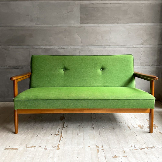 カリモク60 Kチェア 2P ソファ タープグリーン 廃盤仕様 ウォールナットカラーフレーム ブナ材 レトロモダン ミッドセンチュリー 現状品 ♪