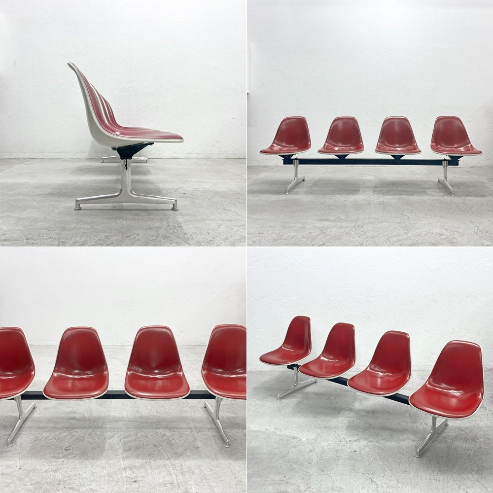 ハーマンミラー Herman Miller ビンテージ エアポートベンチ タンデムシート 4連 サイドシェル 3rd PVCレザー FRP イームズ 希少 〓