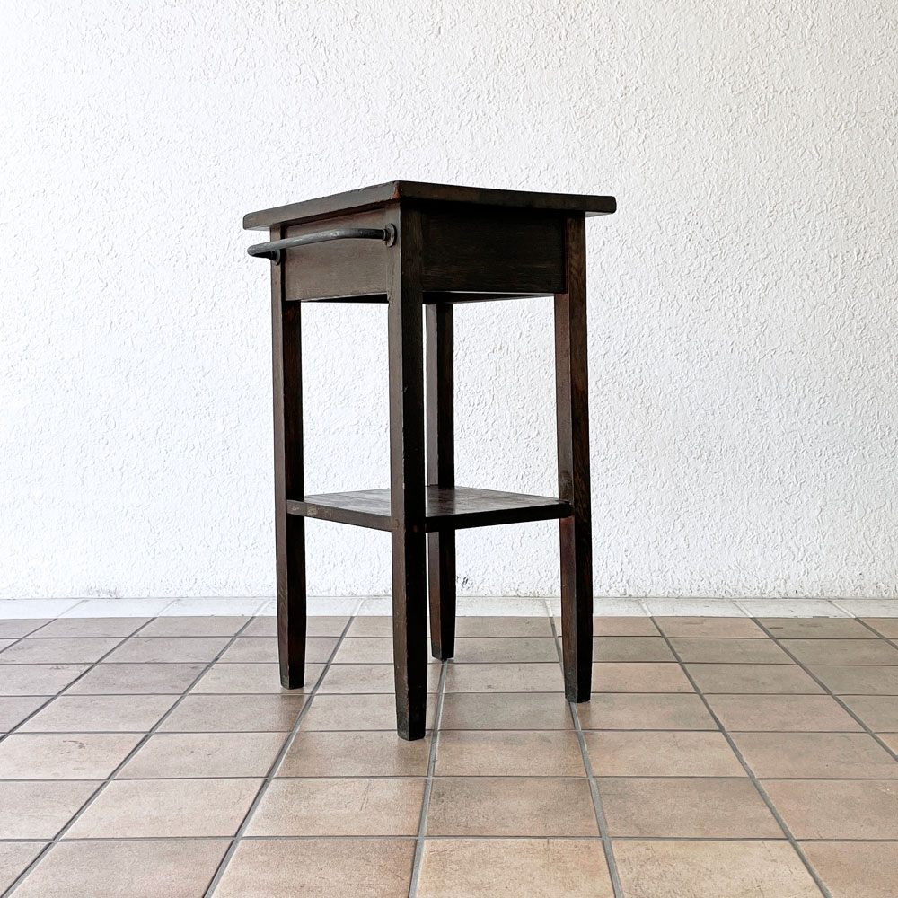 ジャパンビンテージ 木製花台 サイドテーブル フラワースタンド 抽斗1杯 ハンガーバー付き 古家具 店舗什器 ◇