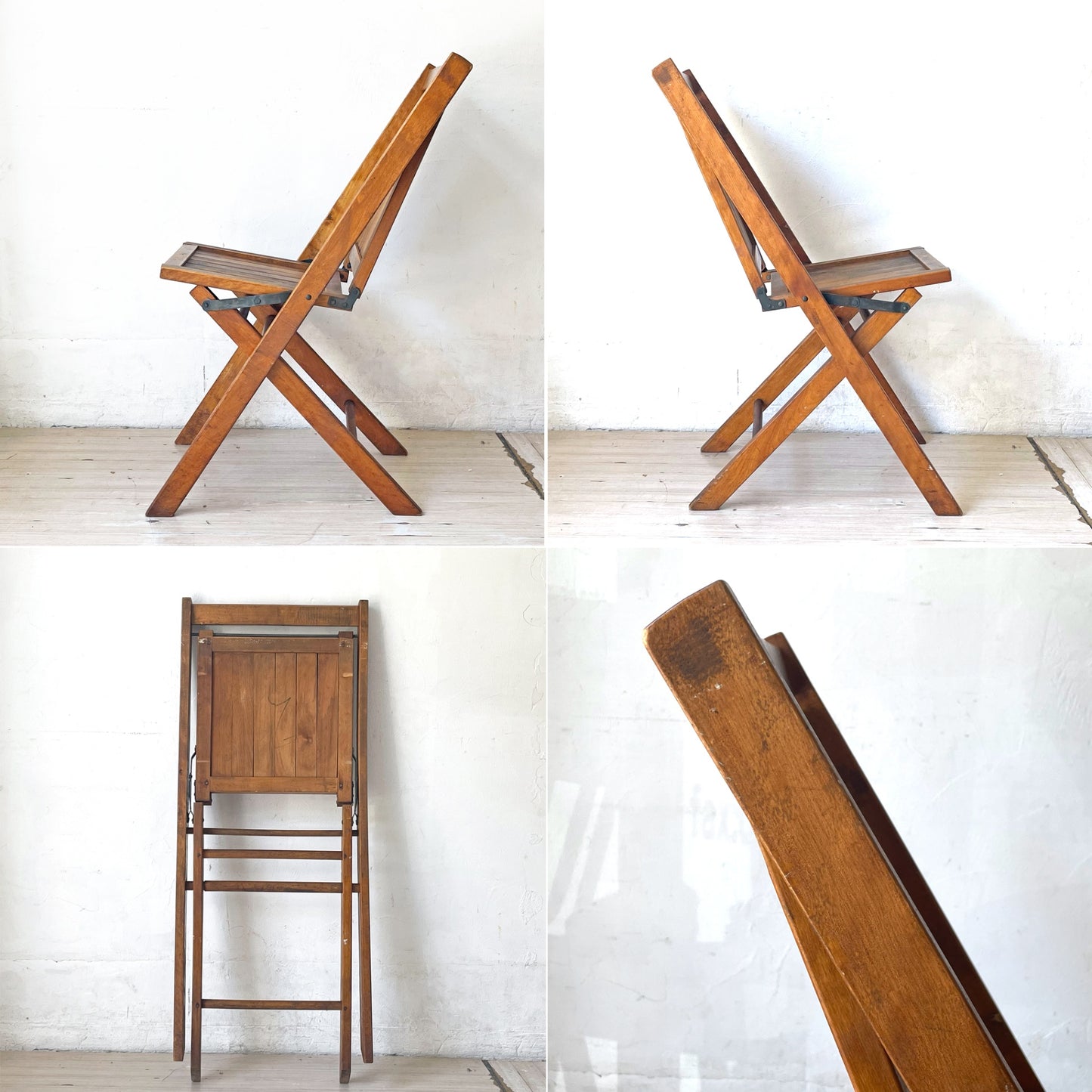US ビンテージ スラットバック フォールディングチェア 折り畳み椅子 木味 カントリー アンティーク 米国 B ★