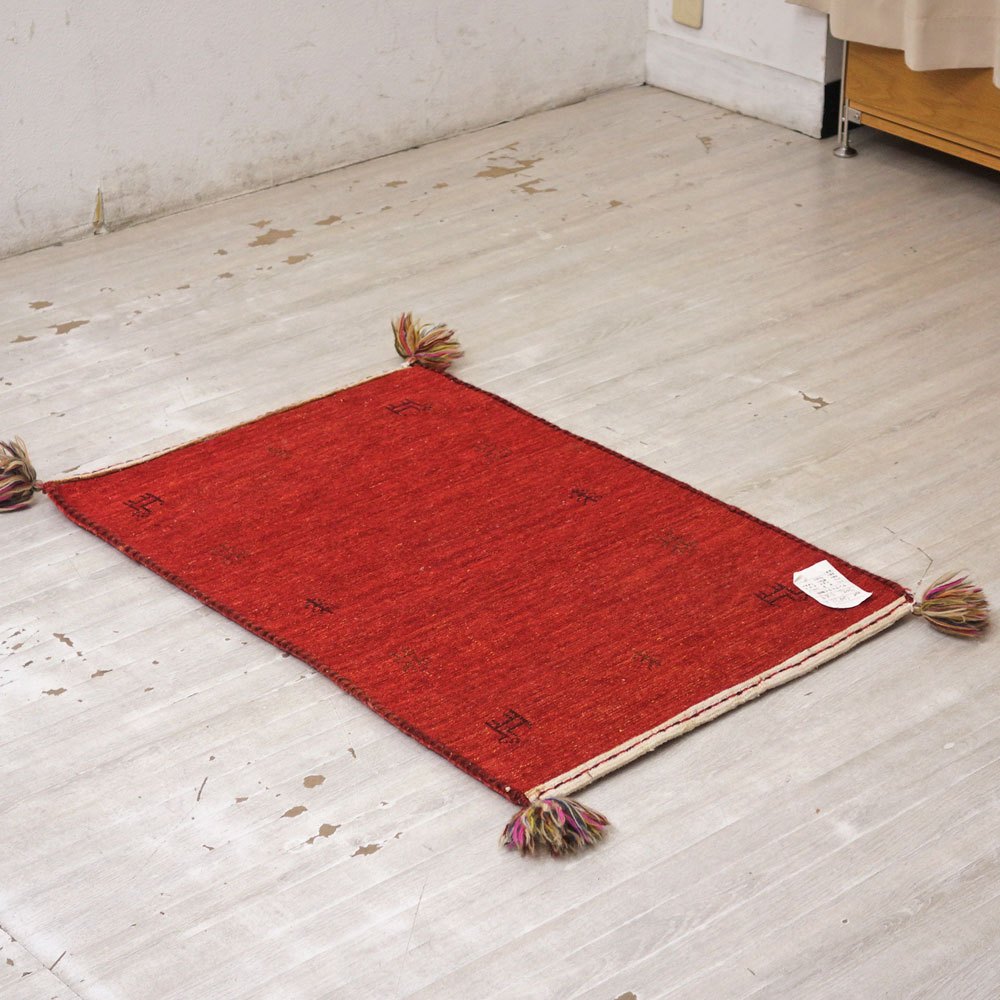 イラン 手織り ギャッベ gabbeh 絨毯 ラグ カーペット レッド 91×61cm 鹿モチーフ ●