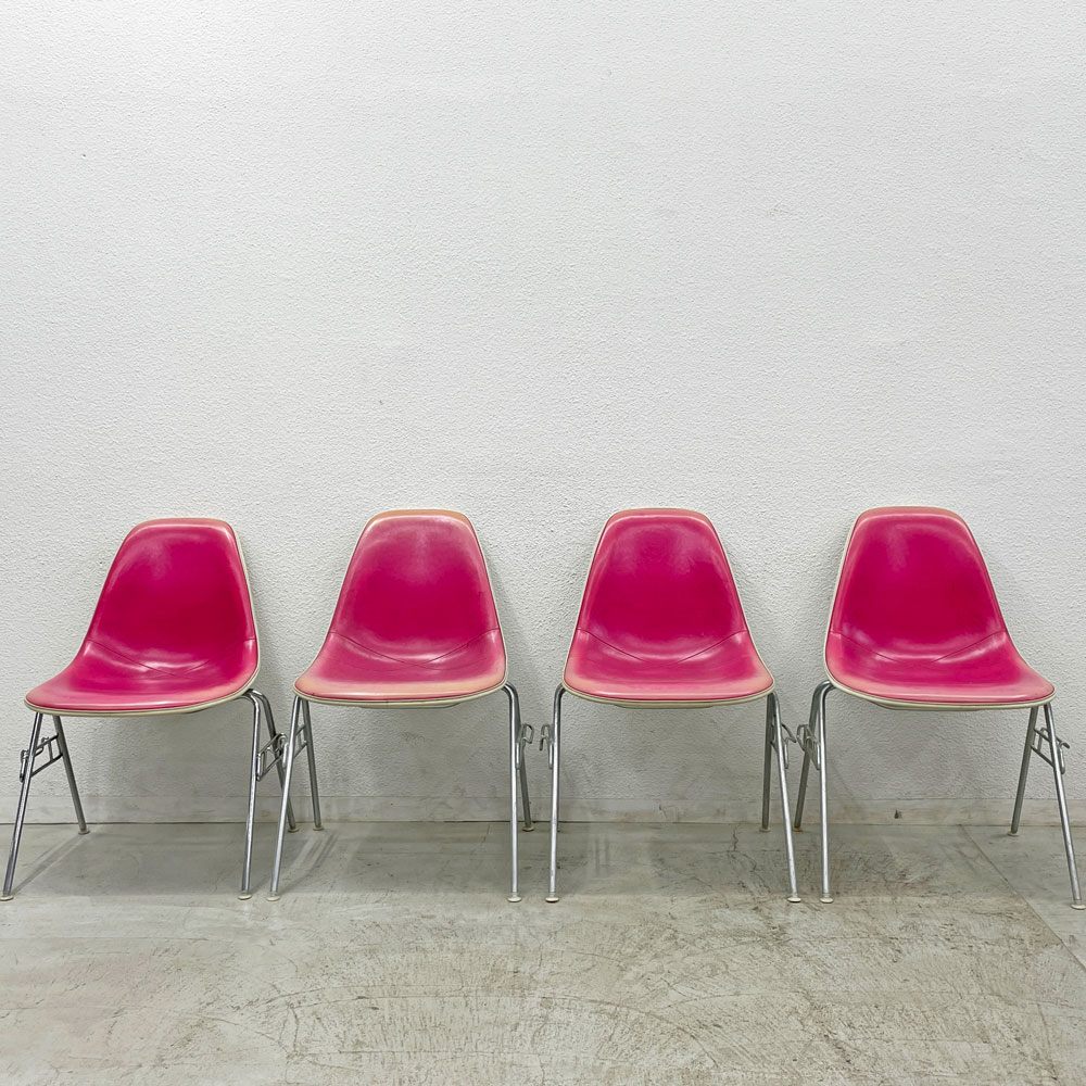 ハーマンミラー Herman Miller サイドシェル チェア サード 3rd FRP PVCレザー スタッキングベース イームズ ビンテージ 4脚セット 台車付 〓