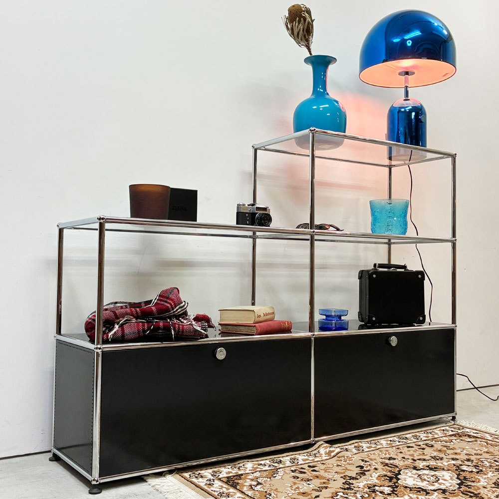 ユーエスエムハラー USMハラー USM Haller キャビネット シェルフ 2列3段 階段状 オープンラック エクステンションドア グラファイトブラック W152 パスコボックス 4つ付属  ●