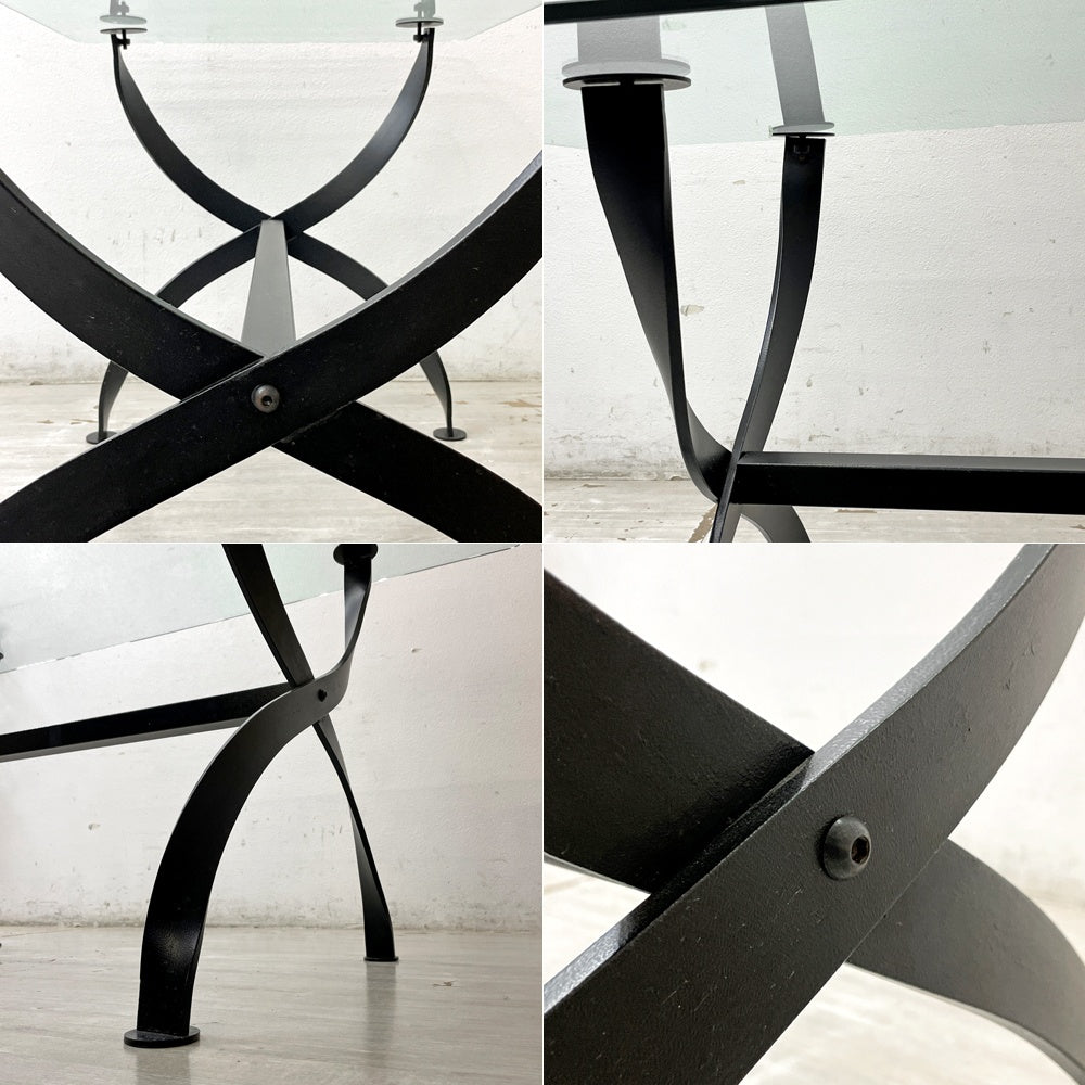 アイアンフレーム ガラストップ ダイニングテーブル クロスレッグ インダストリアルデザイン W159cm ●